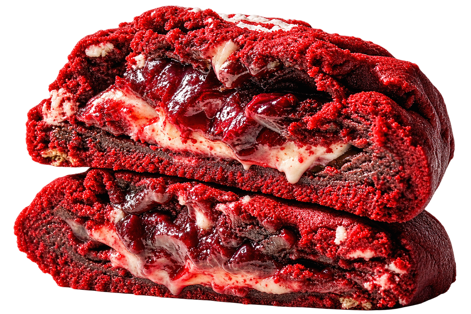 Cookie Red Velvet empilhado, partido ao meio, recheio de cream cheese