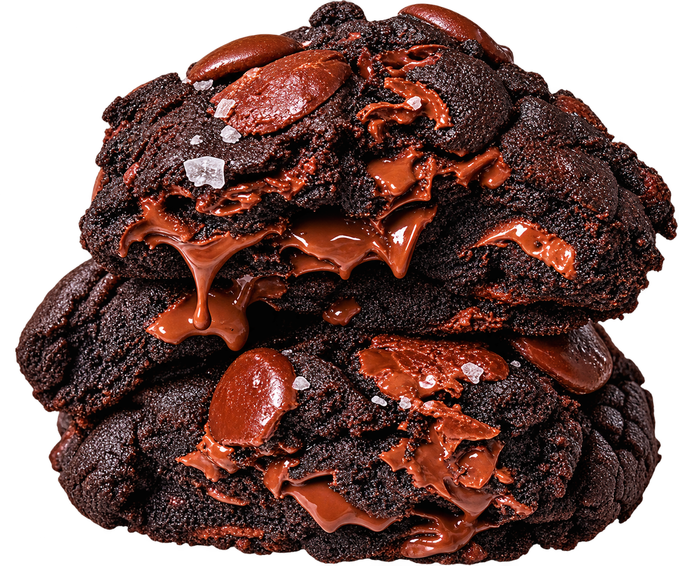 Cookies de chocolate escuro empilhados, com chocolate derretido escorrendo